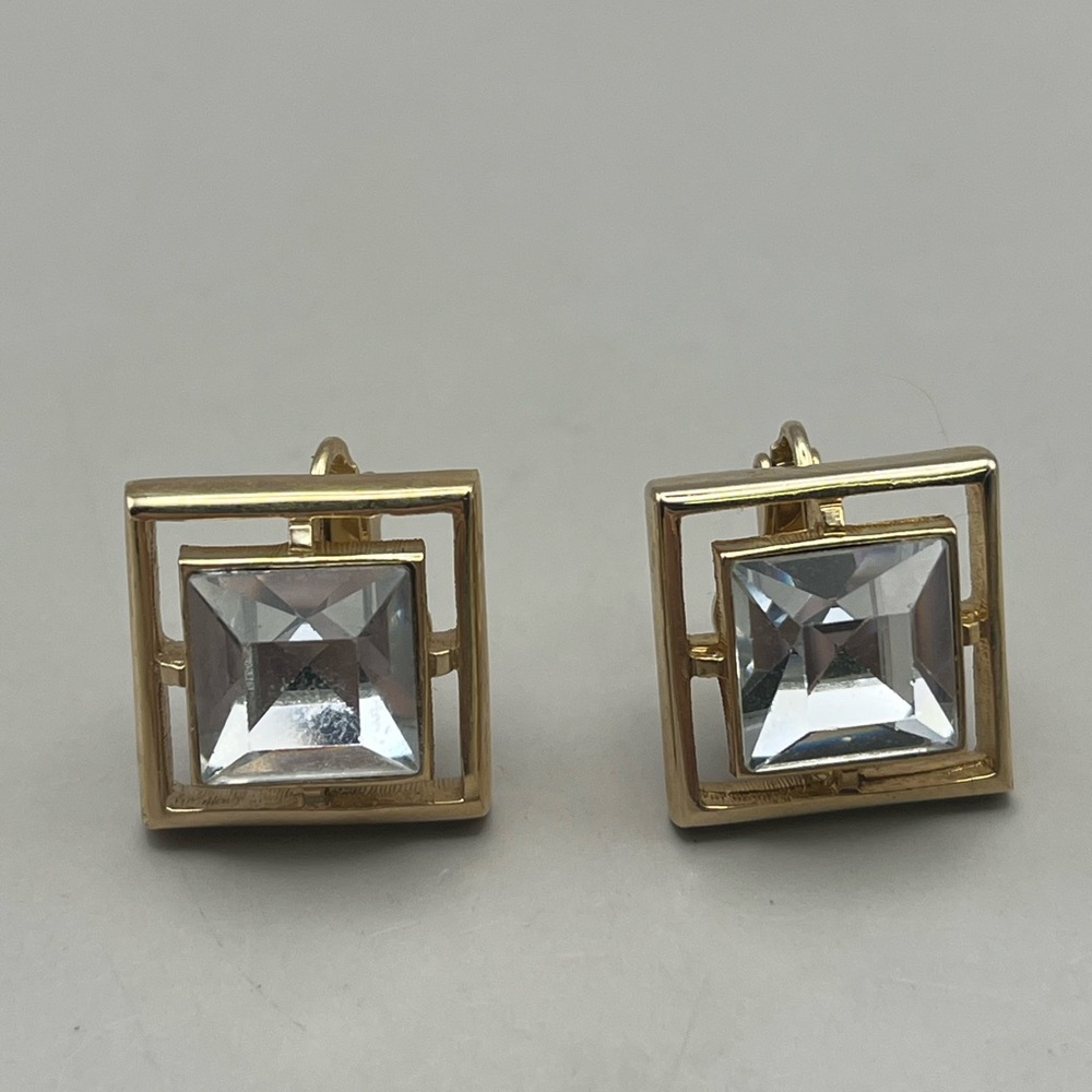 Chic Avon Gold Tone Square Clip On Earrings with Clear Stones-Luxury Fashion